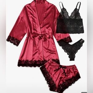 Satin Lace 4-Piece Intimate Sleep Set - Wine Red & Black